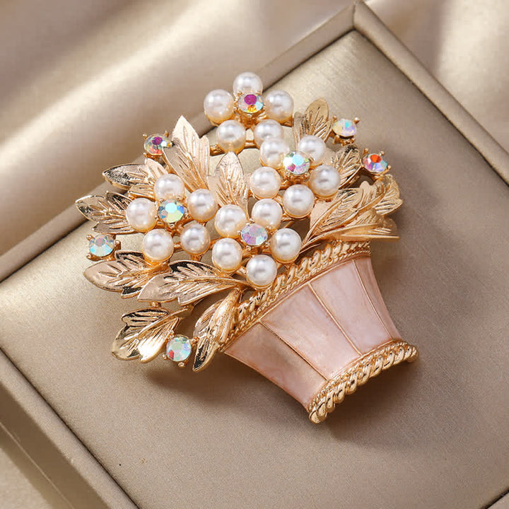 Broche de cesta de flores con perlas de imitación para mujer