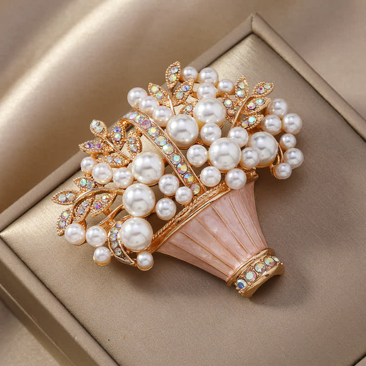 Broche de cesta de flores con perlas de imitación para mujer