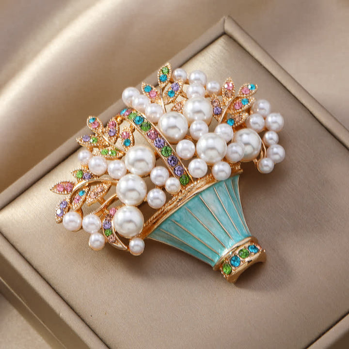 Broche de cesta de flores con perlas de imitación para mujer