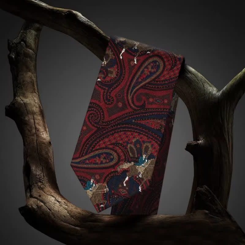 Corbata de hombre con estampado de cachemira roja y bordado de caballo