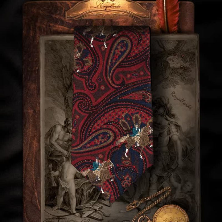 Corbata de hombre con estampado de cachemira roja y bordado de caballo
