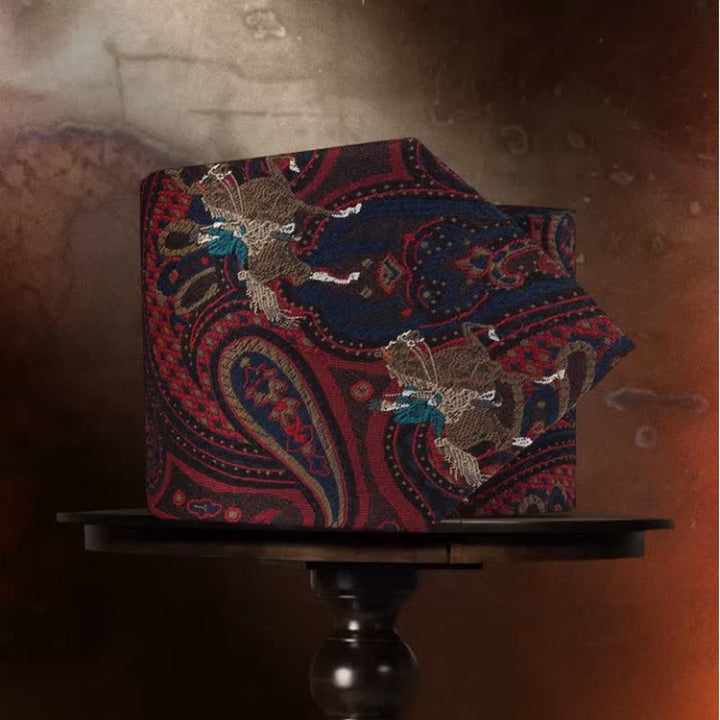 Corbata de hombre con estampado de cachemira roja y bordado de caballo