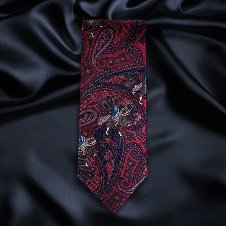 Corbata de hombre con estampado de cachemira roja y bordado de caballo