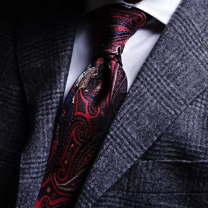 Corbata de hombre con estampado de cachemira roja y bordado de caballo