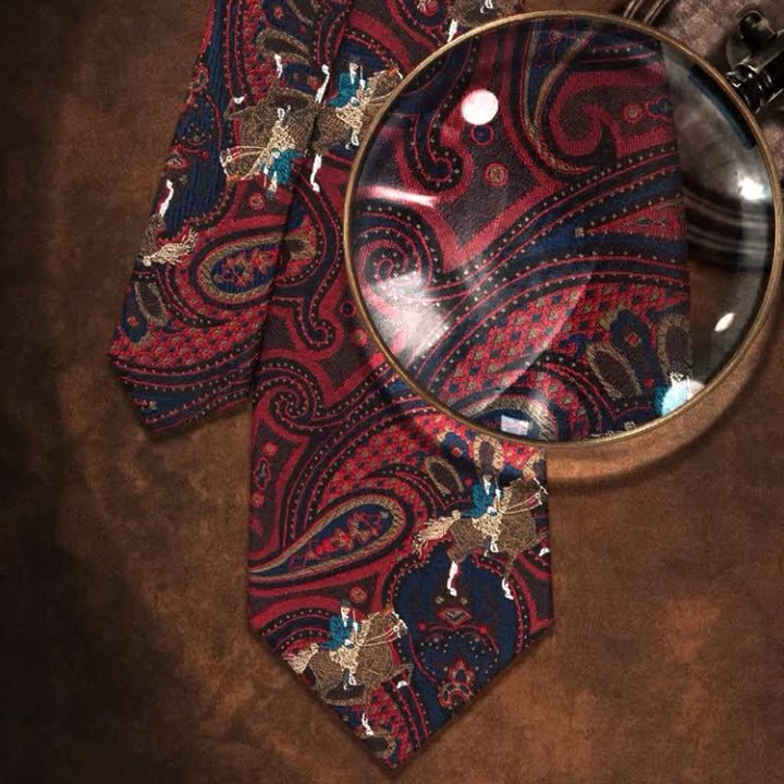Corbata de hombre con estampado de cachemira roja y bordado de caballo