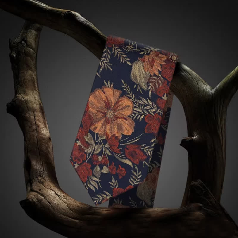 Corbata para hombre con fondo azul retro y bordado de flores