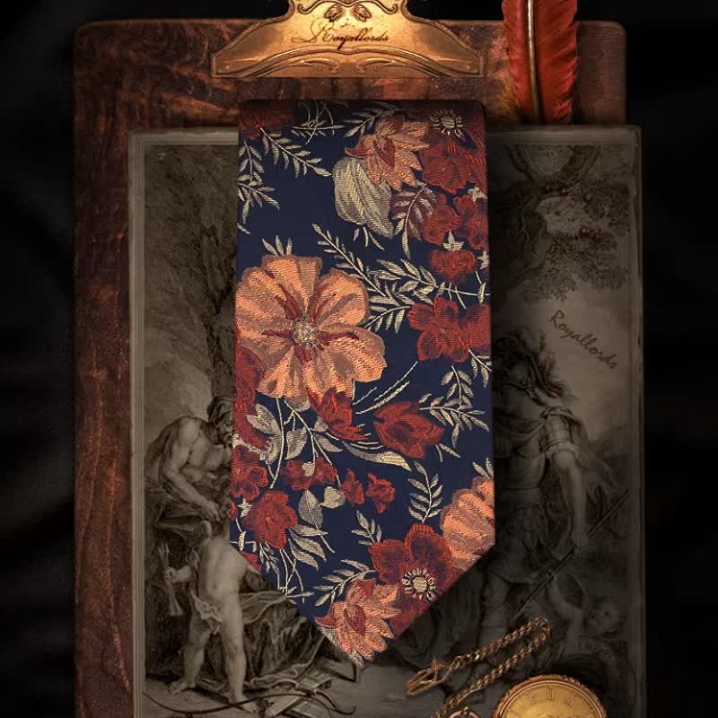 Corbata para hombre con fondo azul retro y bordado de flores