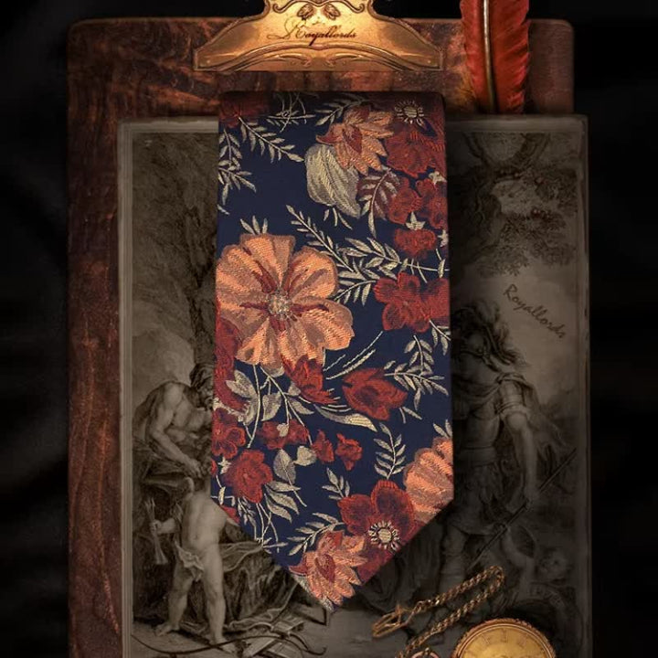 Corbata para hombre con fondo azul retro y bordado de flores