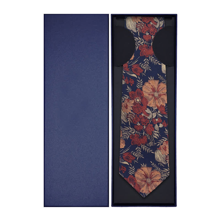 Corbata para hombre con fondo azul retro y bordado de flores