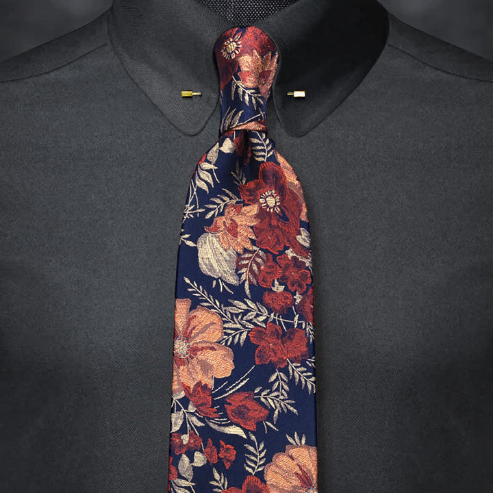 Corbata para hombre con fondo azul retro y bordado de flores