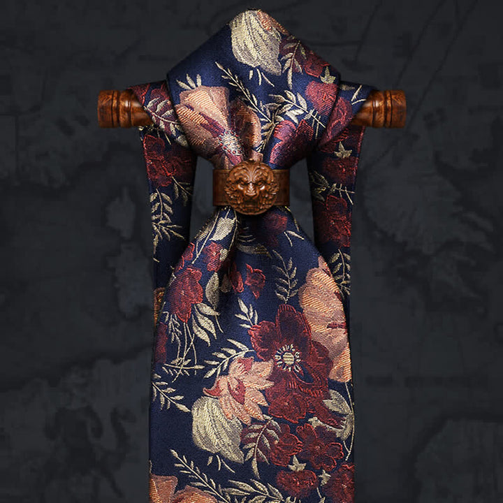 Corbata para hombre con fondo azul retro y bordado de flores