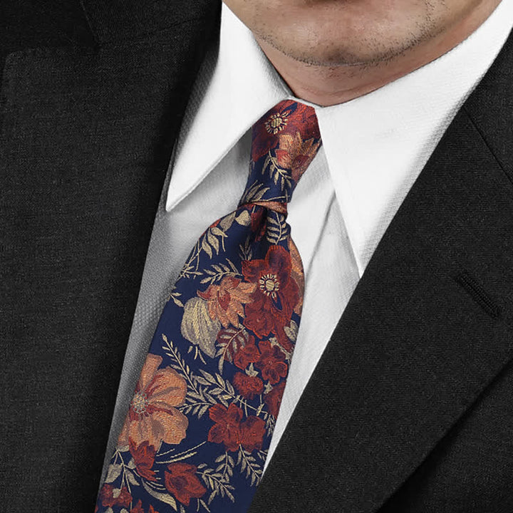 Corbata para hombre con fondo azul retro y bordado de flores