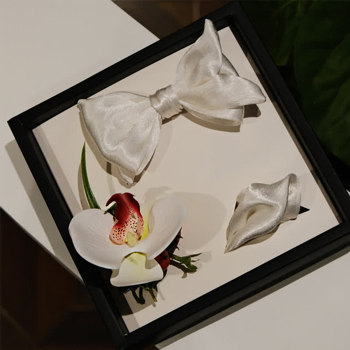 Juego de 3 pañuelos y pajaritas de Phalaenopsis blanca para hombre