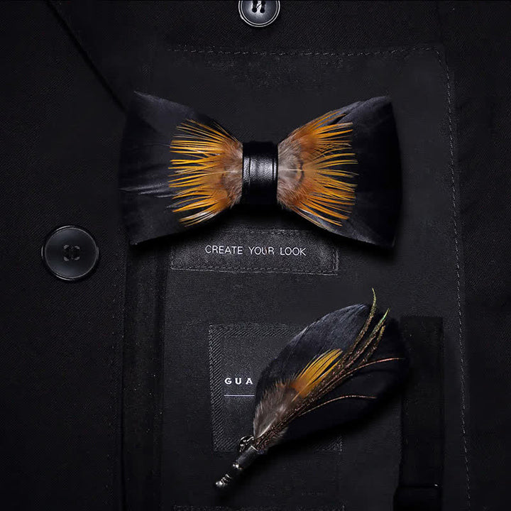 Pajarita con plumas de girasol en color naranja y negro para niños con prendedor de solapa