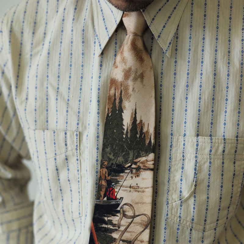 Corbata elegante con estampado de pesca y escena de lago para hombre