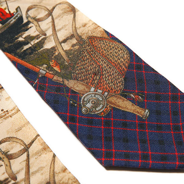 Corbata elegante con estampado de pesca y escena de lago para hombre