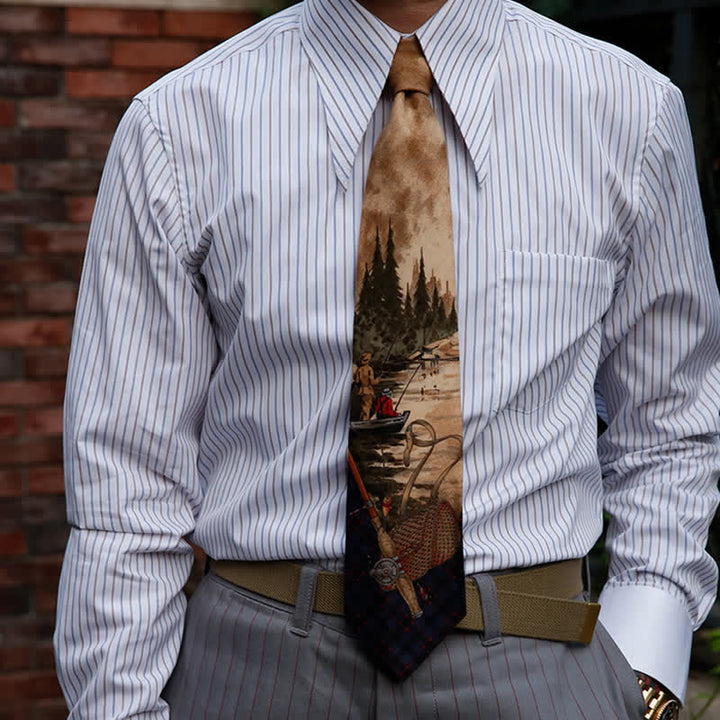 Corbata elegante con estampado de pesca y escena de lago para hombre