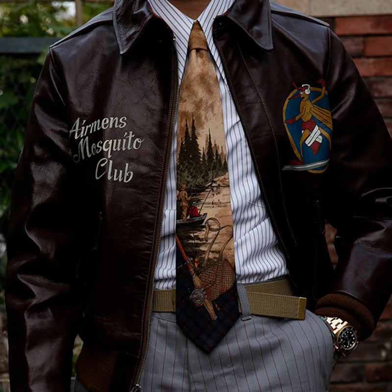Corbata elegante con estampado de pesca y escena de lago para hombre