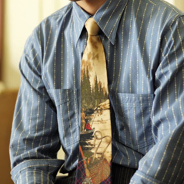 Corbata elegante con estampado de pesca y escena de lago para hombre