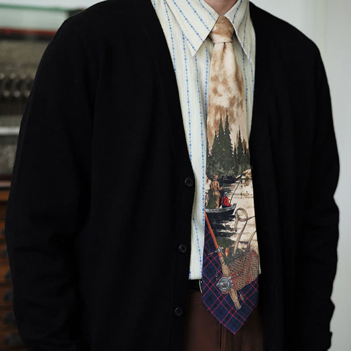 Corbata elegante con estampado de pesca y escena de lago para hombre