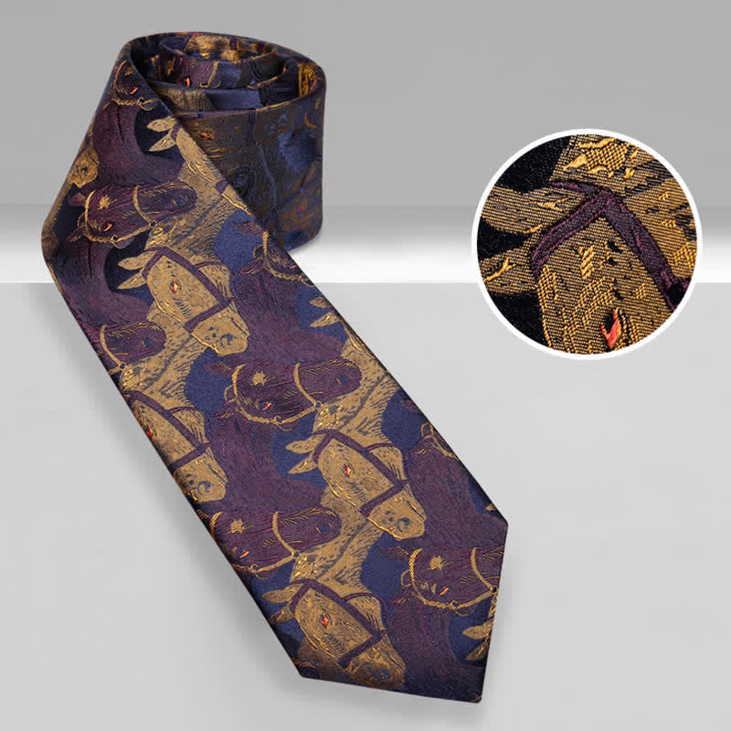 Corbata de hombre en jacquard con caballo morado y dorado