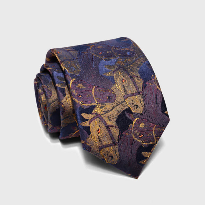 Corbata de hombre en jacquard con caballo morado y dorado