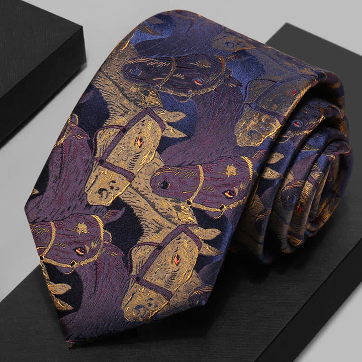 Corbata de hombre en jacquard con caballo morado y dorado