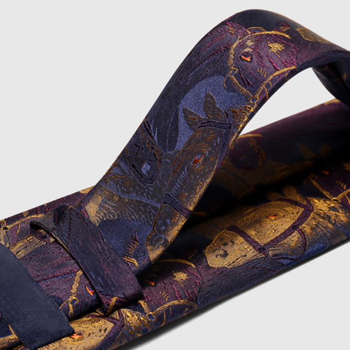 Corbata de hombre en jacquard con caballo morado y dorado