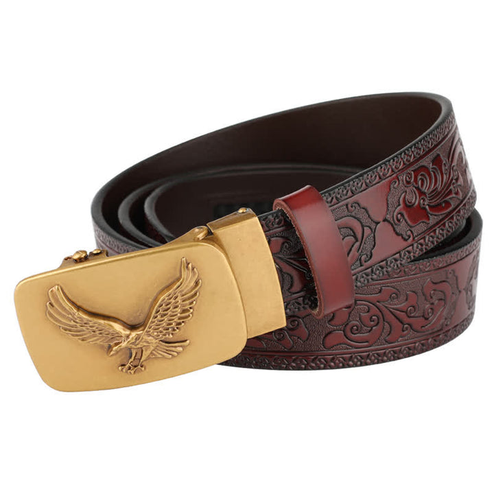 Cinturón de cuero con relieve y hebilla automática de águila voladora para hombre