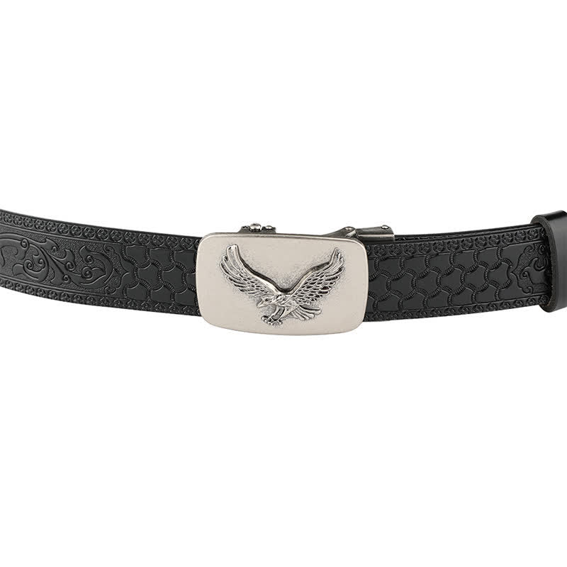 Cinturón de cuero con relieve y hebilla automática de águila voladora para hombre
