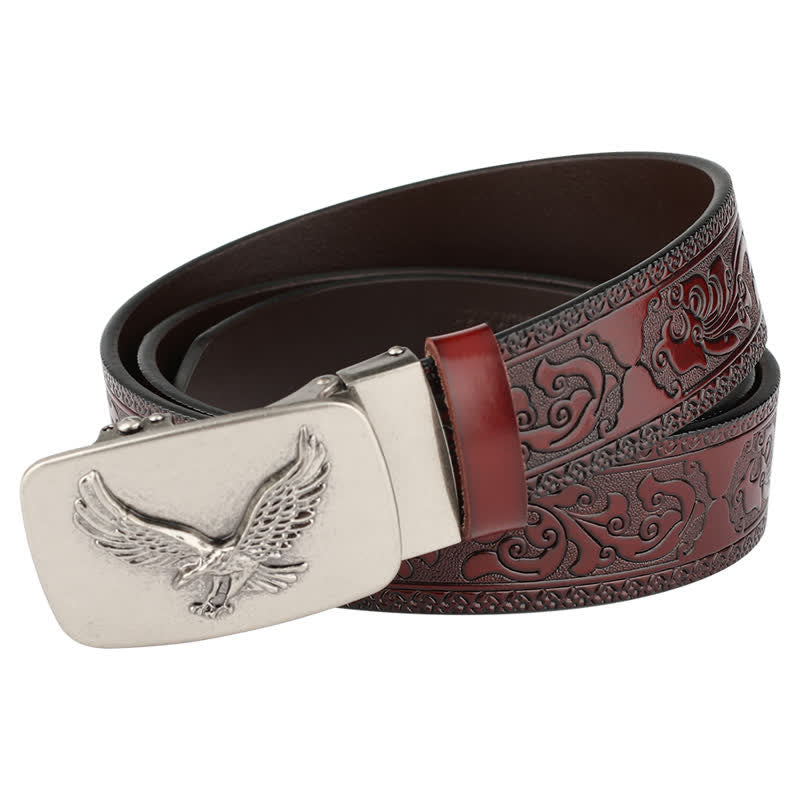 Cinturón de cuero con relieve y hebilla automática de águila voladora para hombre