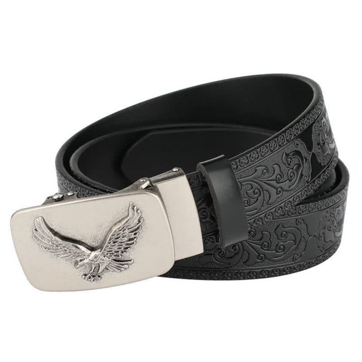 Cinturón de cuero con relieve y hebilla automática de águila voladora para hombre