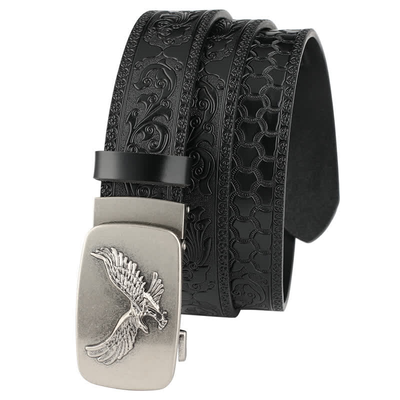 Cinturón de cuero con relieve y hebilla automática de águila voladora para hombre
