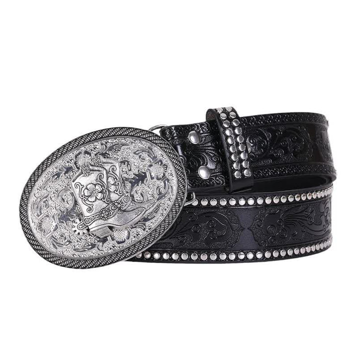 Botas vaqueras para hombre con detalle de remaches en relieve y cinturón de cuero