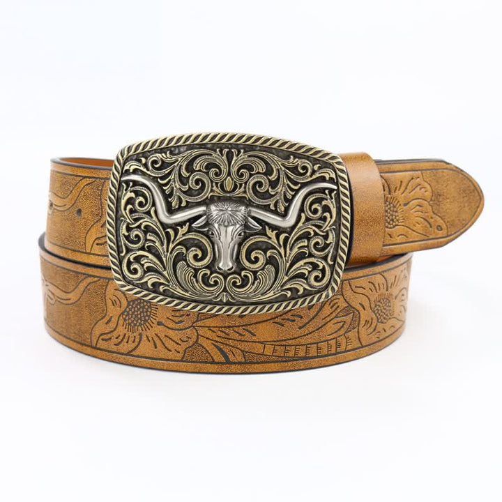 Cinturón de cuero con grabado floral y diseño de toro de bronce para hombre