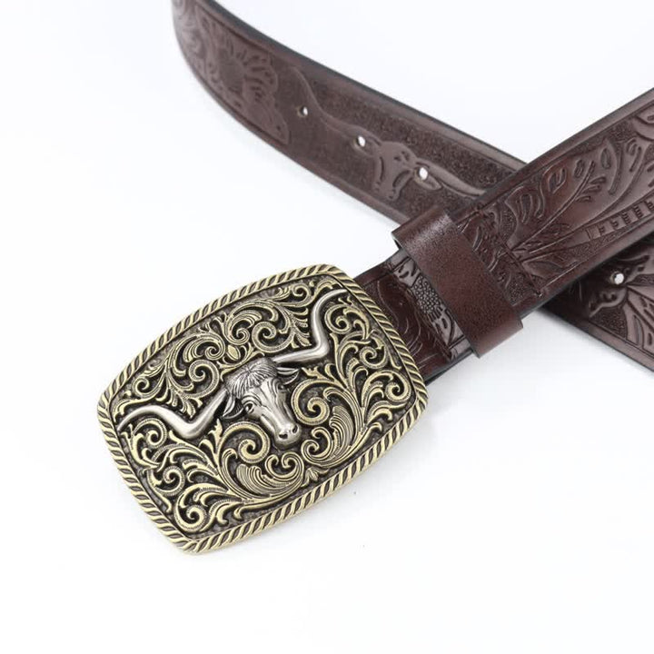 Cinturón de cuero con grabado floral y diseño de toro de bronce para hombre
