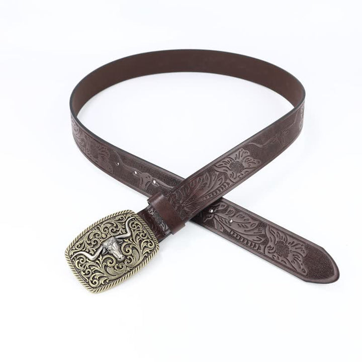 Cinturón de cuero con grabado floral y diseño de toro de bronce para hombre