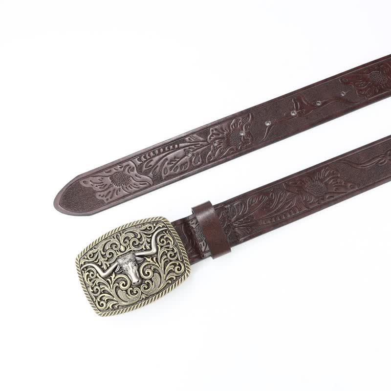 Cinturón de cuero con grabado floral y diseño de toro de bronce para hombre
