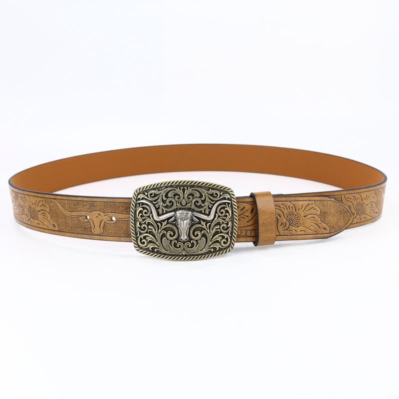 Cinturón de cuero con grabado floral y diseño de toro de bronce para hombre