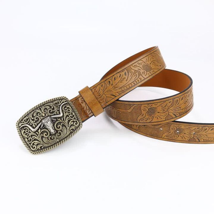 Cinturón de cuero con grabado floral y diseño de toro de bronce para hombre
