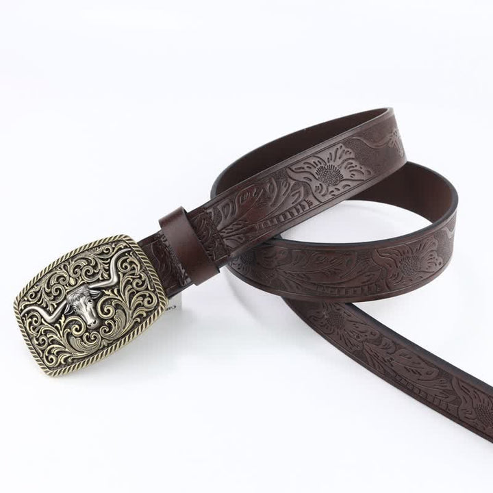Cinturón de cuero con grabado floral y diseño de toro de bronce para hombre
