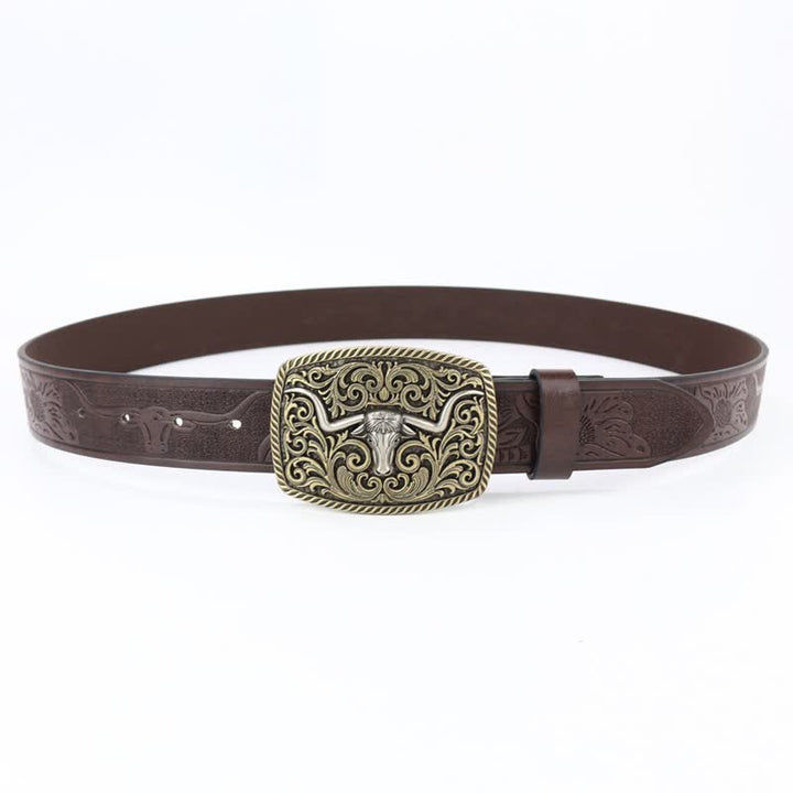 Cinturón de cuero con grabado floral y diseño de toro de bronce para hombre