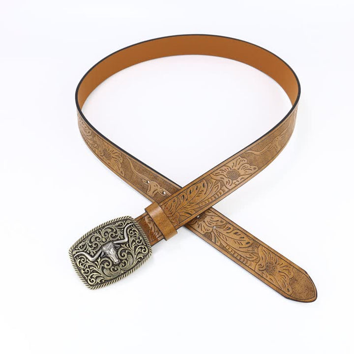 Cinturón de cuero con grabado floral y diseño de toro de bronce para hombre