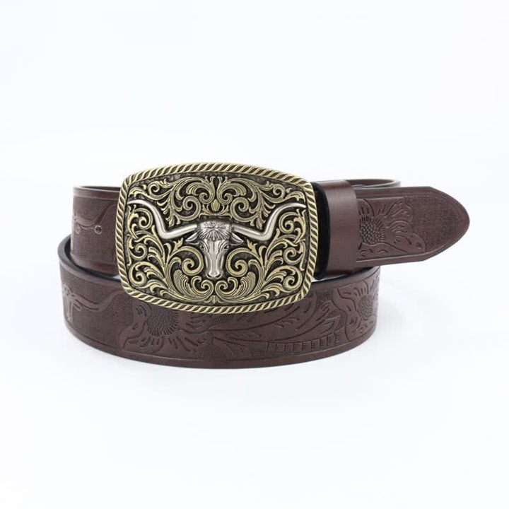 Cinturón de cuero con grabado floral y diseño de toro de bronce para hombre