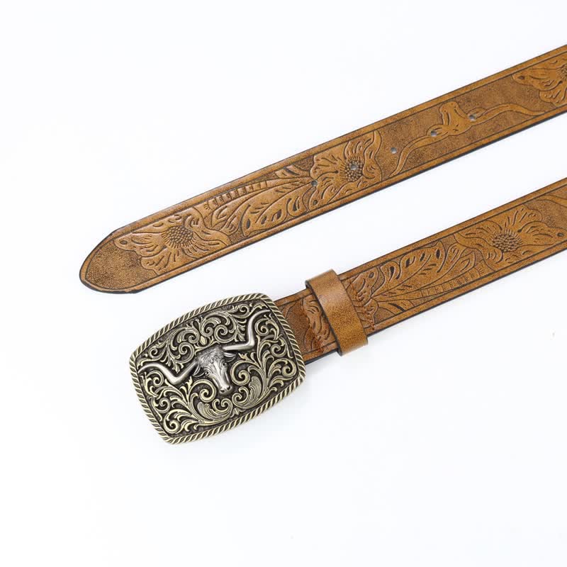 Cinturón de cuero con grabado floral y diseño de toro de bronce para hombre