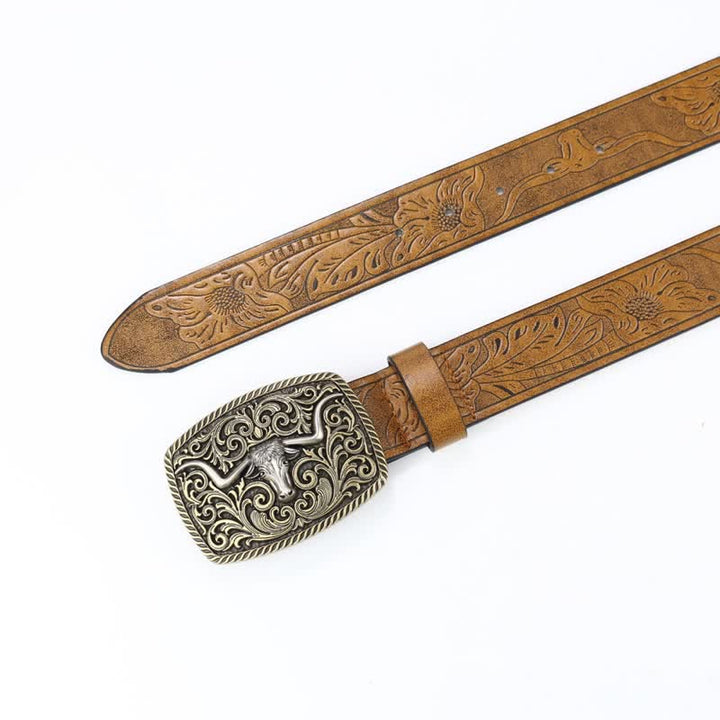 Cinturón de cuero con grabado floral y diseño de toro de bronce para hombre