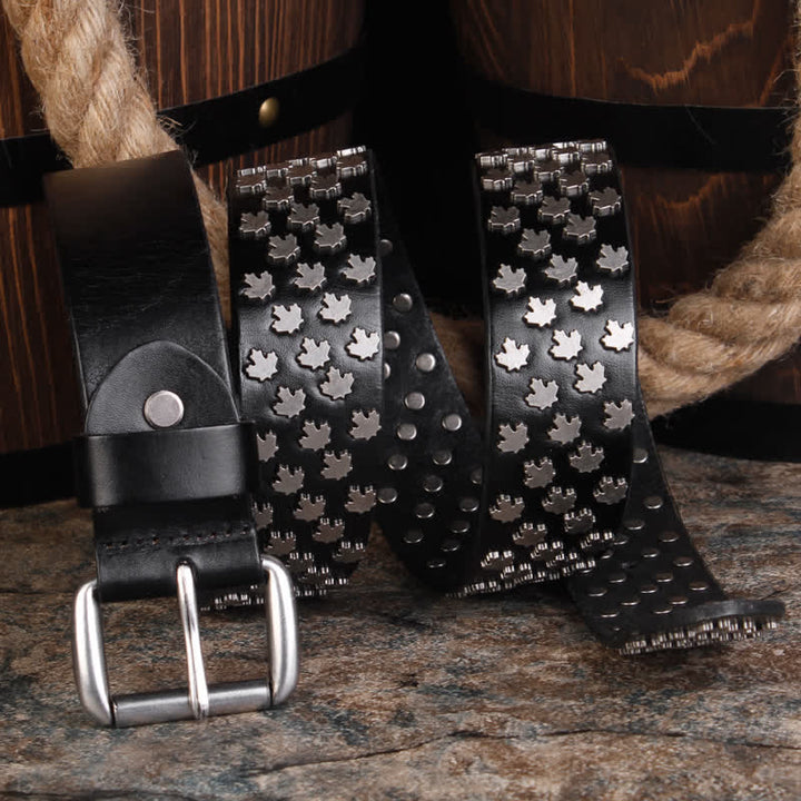 Cinturón de cuero con remaches en forma de hoja de arce exclusivo para hombre