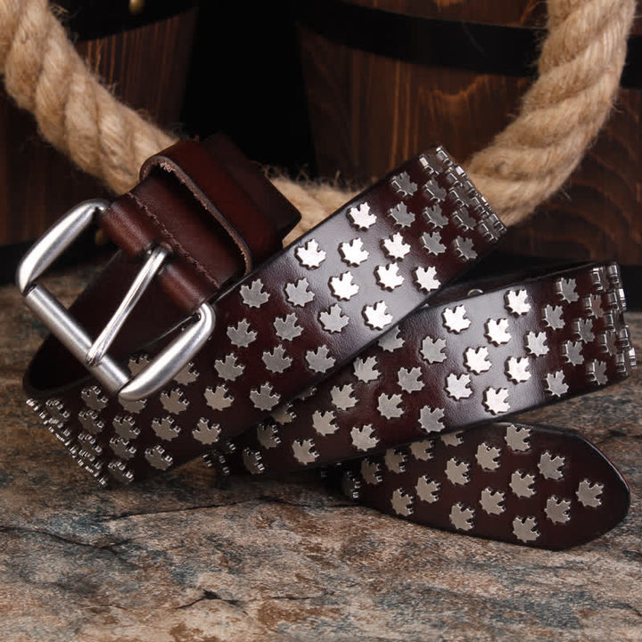 Cinturón de cuero con remaches en forma de hoja de arce exclusivo para hombre