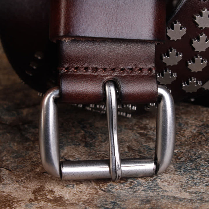 Cinturón de cuero con remaches en forma de hoja de arce exclusivo para hombre