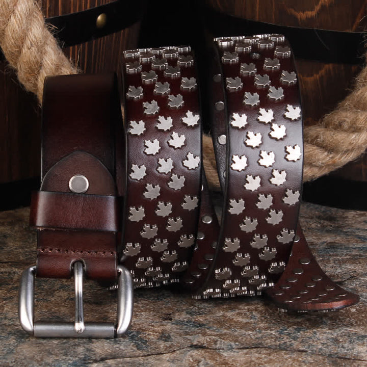 Cinturón de cuero con remaches en forma de hoja de arce exclusivo para hombre